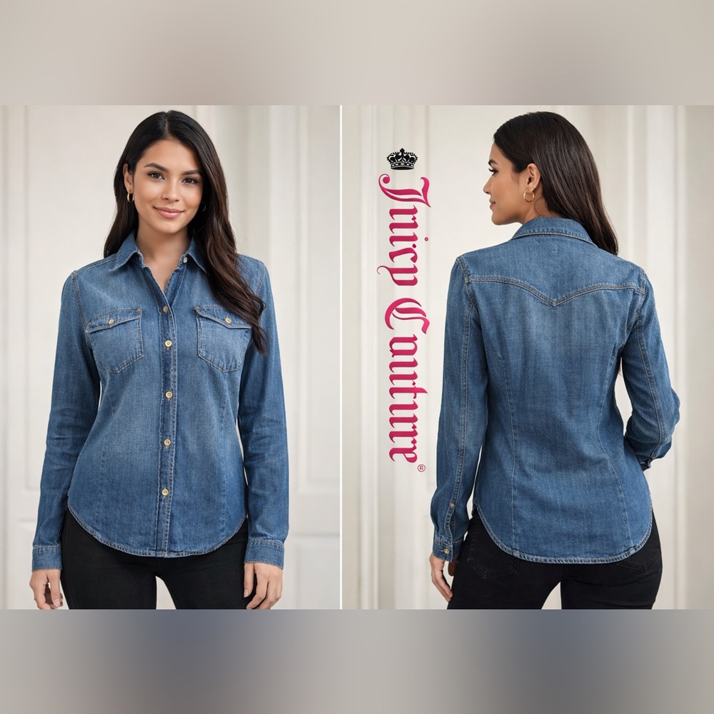 Y2K Juicy Couture Western Blue Denim Button Down Shirt M EUC